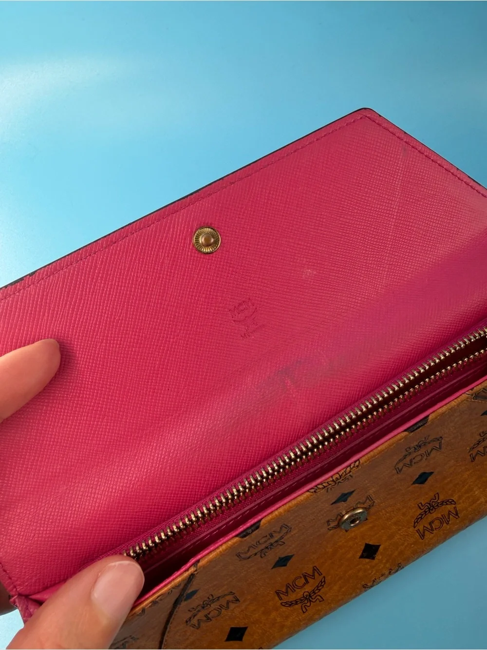 Mcm Visetos Leather Long Envelope Flap Wallet Hot Pink Card Slots Zipper